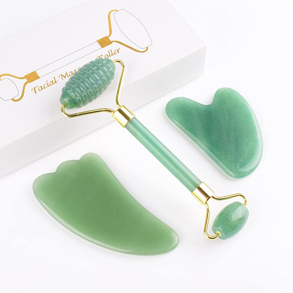 Jade Face Soins Tool Tooooth Rouleaux faciaux du visage et Cap de silicone GUA SHA Set-2 ensembles PCS