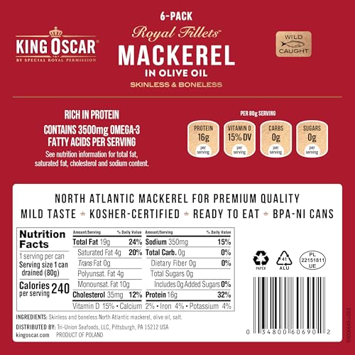 Image of King Oscar Mackerel in Olive Oil, 4.05 Ounce Can (Pack of 6, Packaging May Vary), Skinless & Boneless, Wild Caught Canned Mackerel