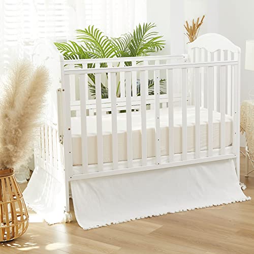 Image of Brandream Boho Bohemian Girl Boy Baby Nursery Crib Bed Skirt Dust Ruffle - Neutral Solid Color Cream Off White Farmhouse Chic 100% Washed Cotton Minimalist Tassel Fringe Macrame