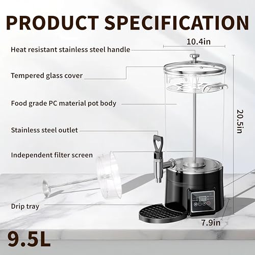 GKFF Commercial Coffee Maker,Percolator Coffee Pot,Electric Multi-Functional Coffee Urn,Transparent Hot Beverage Dispenser,Temperature Controllable,4 Modes,Cafetera,Pc Material,Round,9.5L,60 Cup