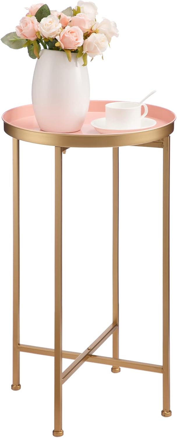 HollyHOME Small Round Metal End Table, Accent Indoor&Outdoor Coffee Side Table, Snack Sofa Table for Living Room, Anti-Rust Decorative Plant Stand, (D) 14.5" x(H) 25", Gold&Pink