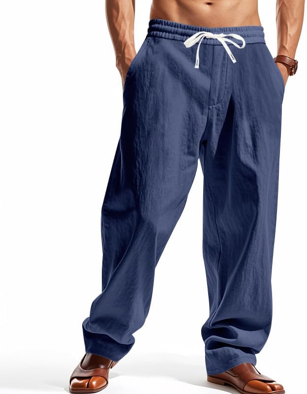 Mens Linen Blend Pants Casual Loose Fit Drawstring Elastic Waist Lightweight Summer Trousers with Pockets