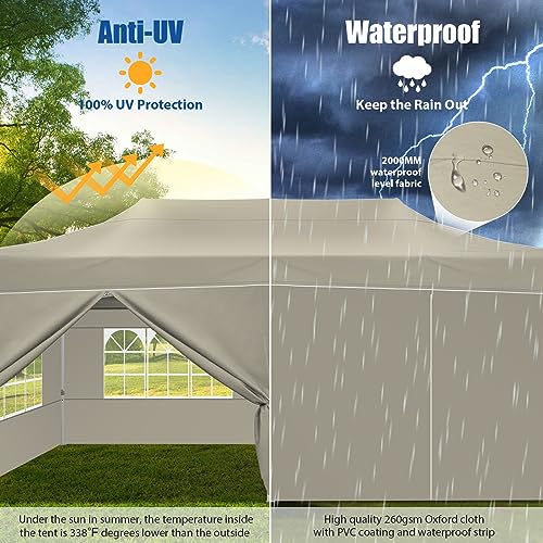 Image of HOTEEL 10x20 Pop up Canopy Tent for Parties, Heavy Duty Easy Setup Tent with 6 Sidewalls, Outdoor Commercial Instant Gazebo for Wedding Event, with Roller Bag & Sand Bags, Khaki(Hexagonal Frame)