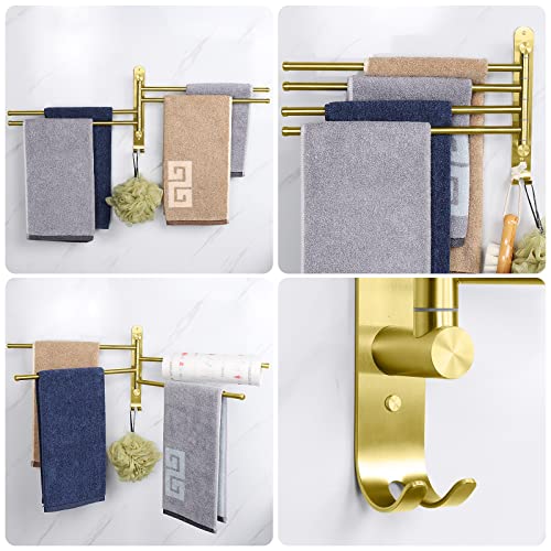 NearMoon Swivel Towel Rack, 13.8" Thicken 304 Stainless Steel 4-Arm Towel Bar, Space Saving Wall Mounted Towel Holder with Hook, Rustproof Swing Out Towel Hanger for Bathroom, Kitchen (Brushed Gold) by NearMoon - Image 5