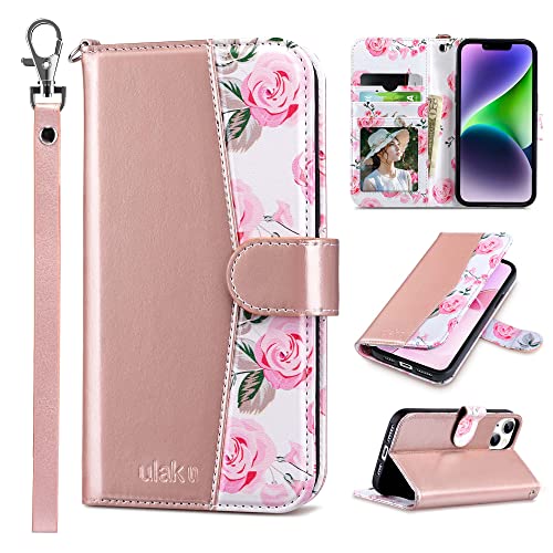 ULAK Compatible with iPhone 14 Plus Wallet Case with Card Holder [RFID Blocking] Flip Case for Women Girls PU Leather Kickstand Wrist Strap Shockproof Phone Case for iPhone 14 Plus 6.7 Rose Gold