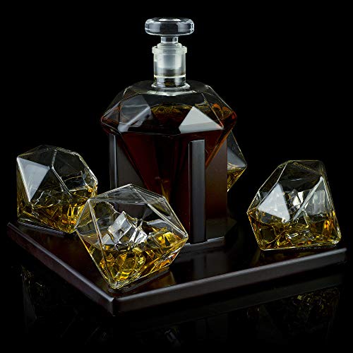 The Wine Savant Diamond Whiskey And Wine Decanter, Great Gift! 750Ml With 4 Diamond Glasses And Beautiful Mahogany Wooden Holder Liquor, Scotch, Rum, Bourbon, Vodka, Tequila Decanter #TOP2
