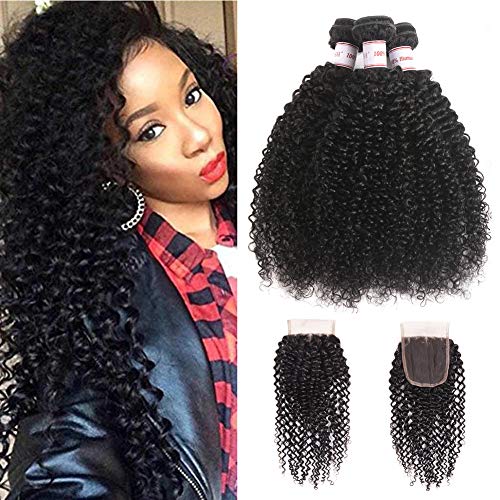 Ailisi Brazilian Virgin Kinky Curly Hair 3 Bundles With Closure 8A Unprocessed Brazilian Curly Human Hair Weave With Free Part Lace Closure (14" 16" 18"+12" Free Part)