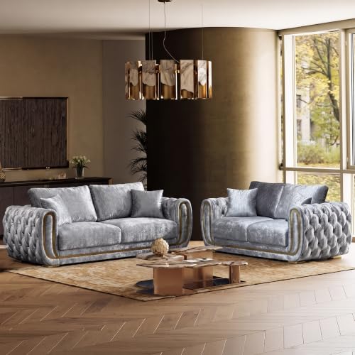 JERTES 86" & 67" Luxury Oversized Velvet Chesterfield Sofa Set, Grey and Gold Couch