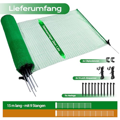 Signstek Begrenzungszaun, mobiler Zaun 120 cm hoch, 15m lang, 9 Pfähle, Hundezaun Hühnerzaun Gartenzaun Steckzaun ideal für Garten, Haus, Hof, Grün