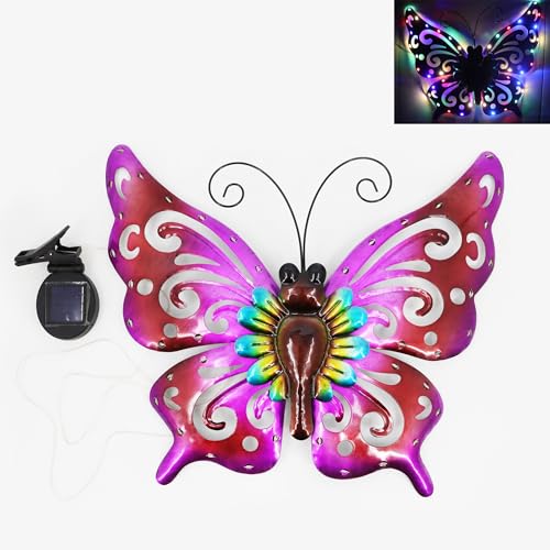J-Fly Solar LED Light Butterfly Hanging Outside Decorations for Yard, Outdoor Patio Garden Fence Butterflies Metal Art Wall Decor, Outdoor Metal Wall Art Garden Valentine Decoration Gifts