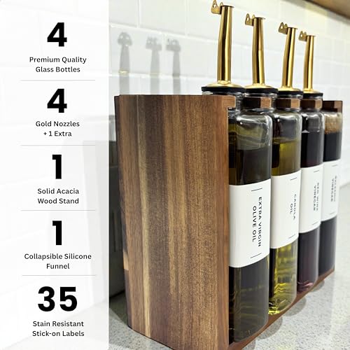 PEGSORIX The Oil Library | Glass Oil & Vinegar Bottles with 100% Acacia Wood Stand | 4 Containers, 5 Gold Nozzles & 35 Stain-Resistant Labels | Countertop Display Set by PEGSORIX - Image 3