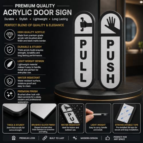 Image of Premium Black & Silver Acrylic Pull Push Door Sign 6 x 2 Inch | Self-Adhesive Door Signage for Hotel, Office, Corporate, Resort, Business, Shop, Cafe & Restaurant | Easy Mount Sign Board