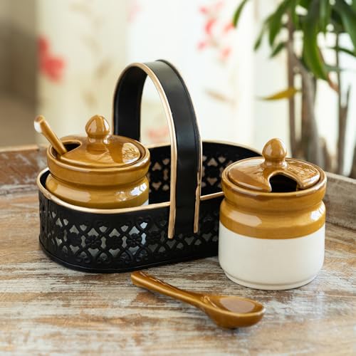 Image of ExclusiveLane 'Barni Tales' Ceramic Pickle Jars for Dining Table With Spoon & Iron Holder (Set Of 2, Non-Airtight, 270 ml)| Pickle Jar With Spoon Achar Jar Set Achar Container Set for Dining Table|