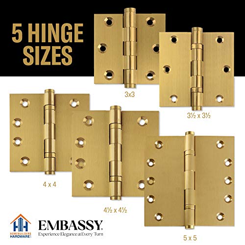 Solid Brass Architectural Door Hinges – 2 Vintage Decorative Cap Mortise Hinges, Ball Bearings, And Stainless Steel Hinge Pin – Home Decor By Embassy, 4 X 4 In., Satin Brass #TOP3