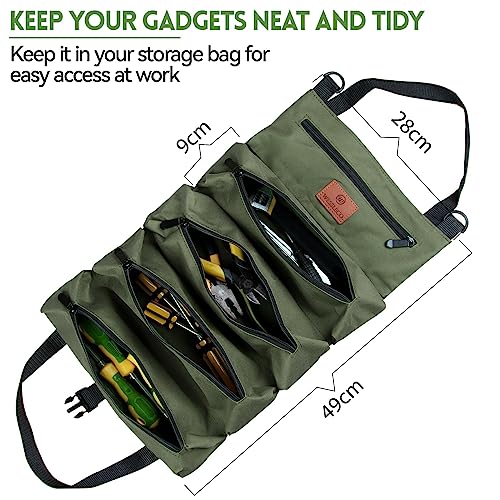 Werkzeug Rolltasche, Canvas Schraubenschlüssel Werkzeugtasche, Mehrzweck Rolltasche mit 5 Reißverschlusstaschen, Ideal für Klempner Handwerker und Elektriker (Grün)