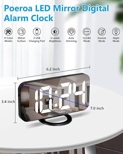 Digital Alarm Clocks,7" Led Mirror Electronic Clock,With 2 Usb Charging Ports,Snooze Mode,Auto Adjust Brightness,Modern Desk Wall Clock For Bedroom Living Room Office - Black #TOP1