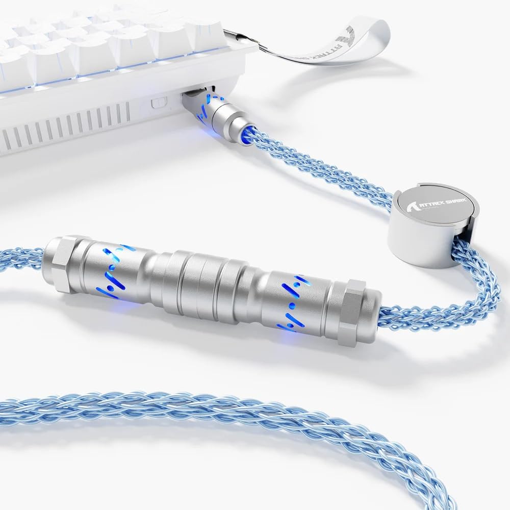 ATTACK SHARK C07 Cable de aviador trenzado personalizado con RGB iluminado, conector de aviación de 5 pines, USB-A a tipo C, placa magnética CNC desmontable para cargar teléfonos, teclado magnético de