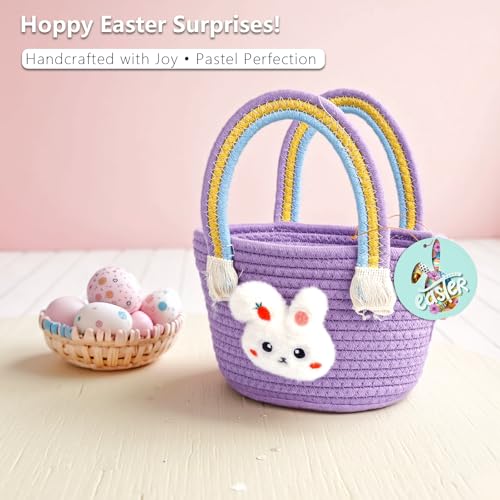 Image of Exun Bunny Baskets for Kids, Cute Cotton Tote Bag Hand-Woven Handbag with Rainbow Handles, Easter Egg Hunt Basket Bags for Boys, Girls, Toddler, Babies, Easter gift basket Personalized (Purple)