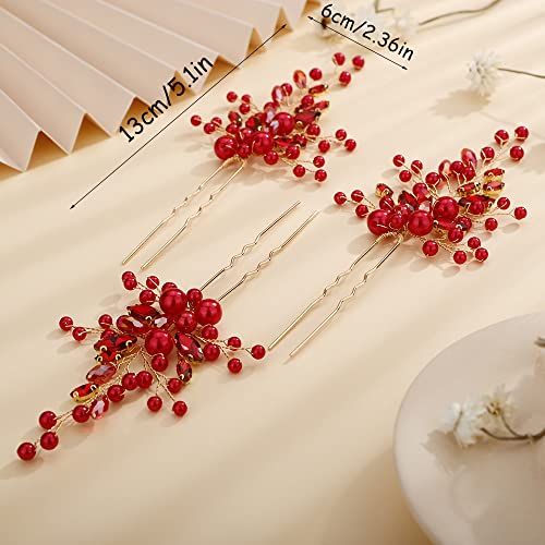 Chargances Bride Red Pearl Beaded Hair Pins Wedding Red Crystal Hair Pins Boho Dainty Handmade Hair Accessories for Women and Girls (Red - Image 4