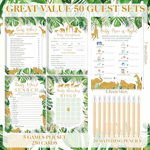 Image of Patelai 321 Pcs Safari Jungle Baby Shower Decorations Safari Jungle Animal Baby Shower Games 5 Set Golden Don't Say Serve 50 Guests for Wild One Gender Reveal Birthday Party Decorations Supplies