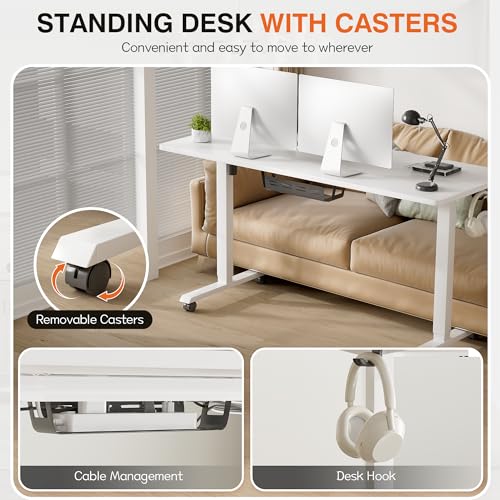 Image of Furmax Electric Standing Desk, 59 x 24 Inches Height Adjustable Desk with Wheels, Home Office Computer Desk with Management Box (White)