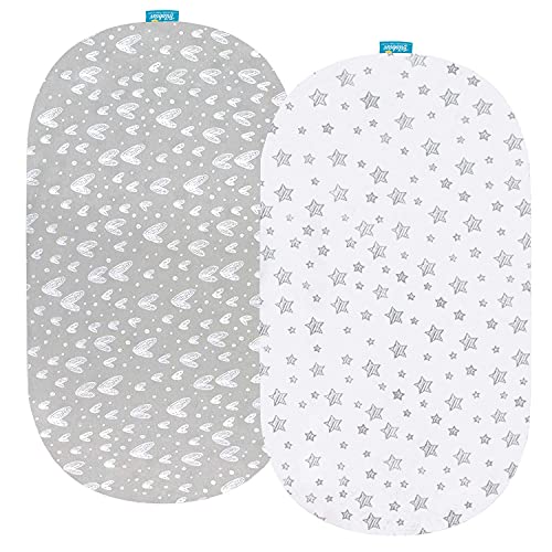 Image of Bassinet Sheets Compatible with Dream On Me Karley (Plus Portable) Bassinet, Chicco LullaGo Portable and ANGELBLISS 3 in 1 Rocking, 2 Pack, 100% Jersey Knit Cotton, Grey Print