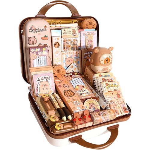 Aoasious カピバラ文具セット パスワードボックス内蔵 付箋帳&ペンケース かわいいキャラクターデザイン 小学生向け 入学祝い・誕生日プレゼント ミニスーツケース付き ベーシックセット 男の子・女の子 (ベーシック文具セット + カピバラの小さなスー