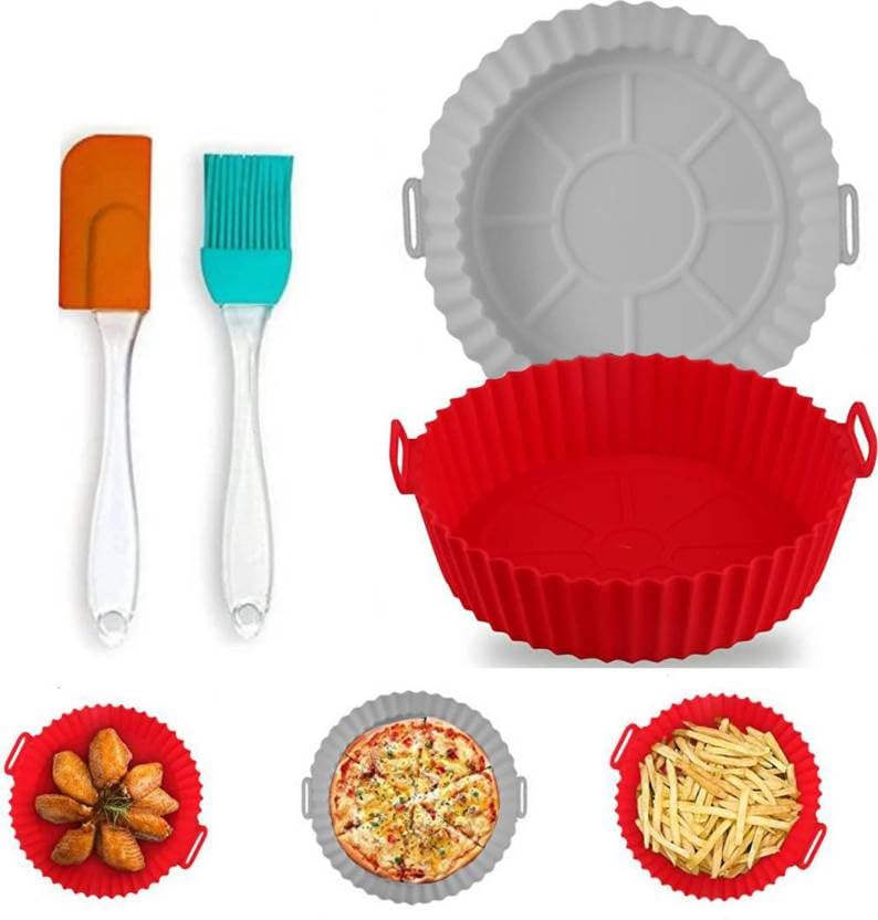 LIJIE 2 Pack of Air Fryer Liners I Round Silicone Basket Baking Tray I Pot with Ear Handles I Nonstick Reusable I Oven Insert Accessories | Grey, Red Colour with 1 Oil Brush & 1 Spatula (B0D1CZ79N6) Amazon Price History, Amazon Price Tracker