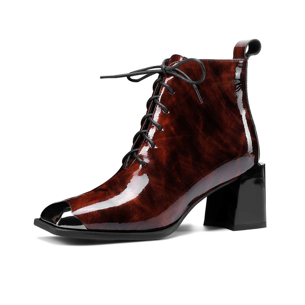 TinaCus Womens Handmade Patent Leather Classic Square Toe Mid Block Heel Side Zip Lace Up Stylish Ankle Boots