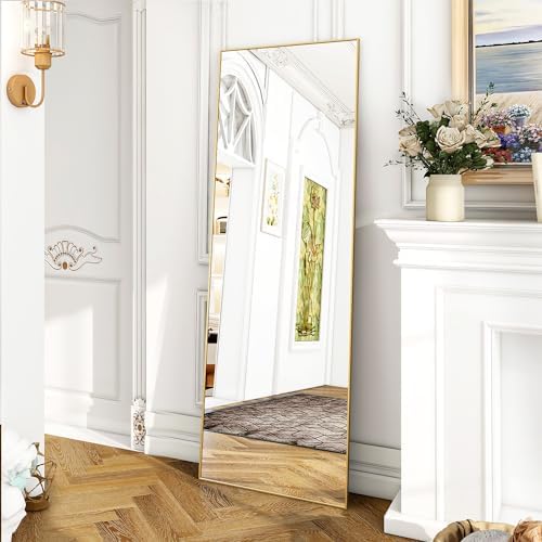 Koonmi Floor Mirror, 52 x 161 cm Mirror Full Length with Minimalist Narrow Aluminum Frame, Modern Large Wall Mirror Standing or Hanging for Living Room and Bedroom, Black