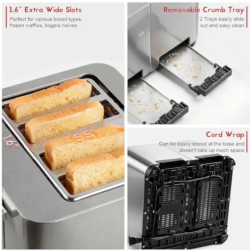 Toaster 4 Slice, Techwood Stainless Steel 4-Slice Toaster Wide Slot con Pantalla LED y 6 Niveles miniatura 6