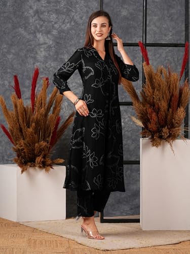 Image of GoSriKi Women's Rayon Blend A-Line Printed Kurta with Pant