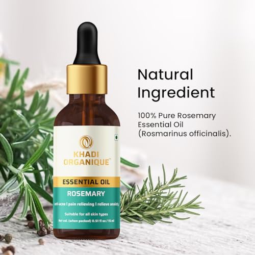 Image of Khadi Organique Rosemary Essential Oil For Hair Growth, Anti-Acne & Glowing Skin | 100% Natural & Therapeutic Grade Aromatherapy | Undiluted, Steam Distilled, Diffuser, Massage & DIY Beauty - 15ml