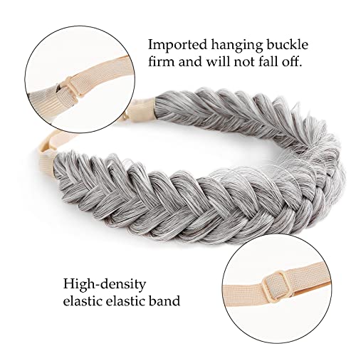 TOECWEGR Extensions Headband Hair Band Braided Classic Chunky Wide Plaited Wedding Fluffy Braids Wig Women Girl Beauty Accessory (Silver) - Image 4