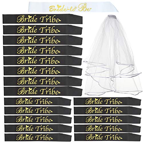 20 Pack Bachelorette Party Sash and Veil Set: 1 Bride to be sash,18 Bride Tribe Sashes,1 Comb Veil, Team Bride Sash kit for Bridesmaid, Engagement, Hen Parties & Bridal Sho(Black,19 Sash with 1 Veil)