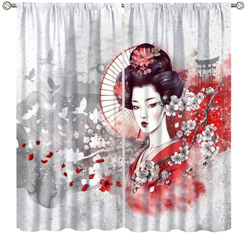 Yearn Jear Red Geisha Girl Curtains Japanese Style with Cherry Blossoms Traditional Kimono Folk Culture Style,Rod Pocket Drapes for Living Room Bedroom Kitchen 42x45 Inch Decor