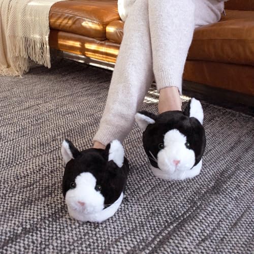 Black and White Kitty Slippers for Women and Men - Fuzzy Plush Tuxedo Cat Slippers for Adults2