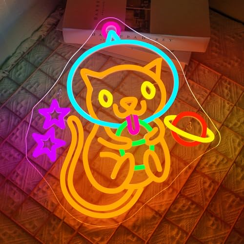 Image of Astronaut Cat Boba Tea Neon Sign LED Neon Light Wall Decor for Kids Room | Cute kitty bubble tea light up sign for bedrooms, boba shops, Cafes & dessert stores, space theme wall decor,USB powered