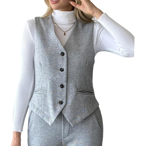 heipeiwa Women's Wool Blend Suit Vest Top Vintage Tweed Vest Button Down Sleeveless V Neck Waistcoat Blazer