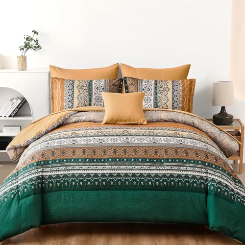Image of Cottolester Boho Comforter Set Full Size,8 Pieces Brown and Green Bohemian Striped Bed in a Bag,Paisley Soft Microfiber Bedding Comforter Set