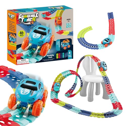 Spielzeug-Rennstrecke – Flexibles Streckendesign, LED-beleuchtete Autos, elektrisches DIY-Montageset, bietet kreatives Bauen mit Spaß am Rennen | Perfekt für Kinder und Studenten