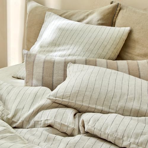 Image of mixinni 3 Piece Striped Duvet Cover Set, Neutral Washed Cotton Linen Blend Bedding, Vintage Stripe Comforter Cover with 2 Pillowcases, Soft Breathable Farmhouse Bed Set for All Season-Queen Size