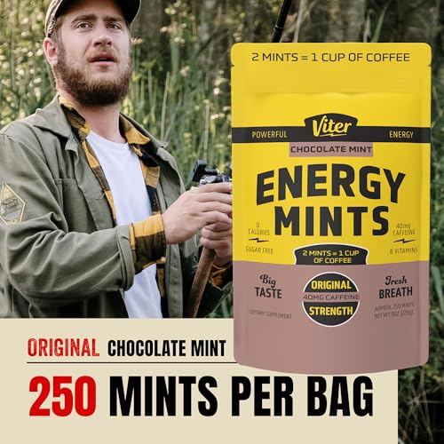 Image of Viter Energy 40mg Caffeine Mints - Sugar Free, B Vitamins, Vegan, Boosts Fast Energized Alert Focus, Caffeinated Nootropic Supplement Pills (Chocolate Mint Flavor, 8oz, Bulk Bag)
