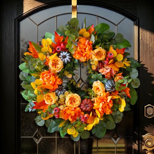 Image of 24 Inch Harvest Fall Wreaths for Front Door Outside with Orange Peony | Artificial Silk Autumn Leaf Wreaths with Realistic Dahlias,Pumpkin,Rustic Farmhouse Thanksgiving Halloween Wall Porch Decor