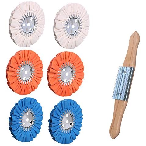 Airway Buffing Wheel Kit 7 PCs kit (2 pcs White & 2 pcs Orange & 2 pcs Blue & 1 Buffing rake) 8" in Diameter 5/8" in Arbor Hole 16 Ply for Angle Grinder 7 Pcs Cover