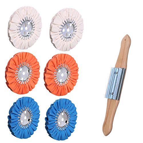 Airway Buffing Wheel Kit 7 PCs kit (2 pcs White & 2 pcs Orange & 2 pcs Blue & 1 Buffing rake) 8" in Diameter 5/8" in Arbor Hole 16 Ply for Angle Grinder 7 Pcs