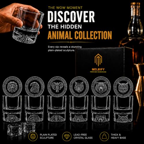 Image of Melbify Plain Animal Whiskey Glass Set | 300 ml | 6 Pc | Whisky Glass with Lion, Eagle, Elephant, Wolf, Bear & Owl Base Design | Heavy Bottom Drinking Glasses | Premium Gift Box