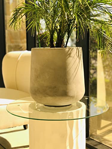 Image of Kante Accent Round Curved Pale Gray Concrete Planter 13 inch Dia, Outdoor | Rubber Plug for Indoor, Drainage for Garden, All-Weather Cement Flower Pot, Handcrafted, Anti-Frost & UV, Modern Home Decor