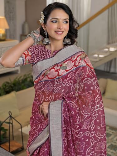 Image of Satrani Women's Linen Printed & Embroidery Ready To Wear Saree with Unstitched Blouse Piece