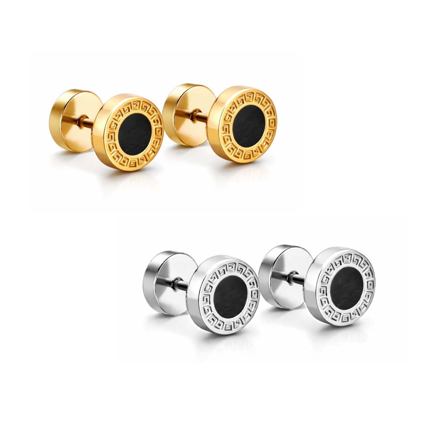 Combo of Unisex Fancy & Stylish Stainless Steel Golden & Silver Plated Glossy Finish Elegant Black Round Greek Pattern Design Dumbbell/Barbell Stud Ear Piercing Earrings for Men & Women-image-26